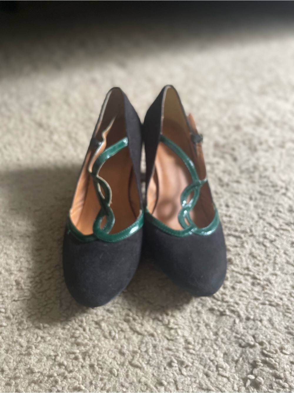 Black Suede Pumps with Emerald Trim - Women's Dress Heels